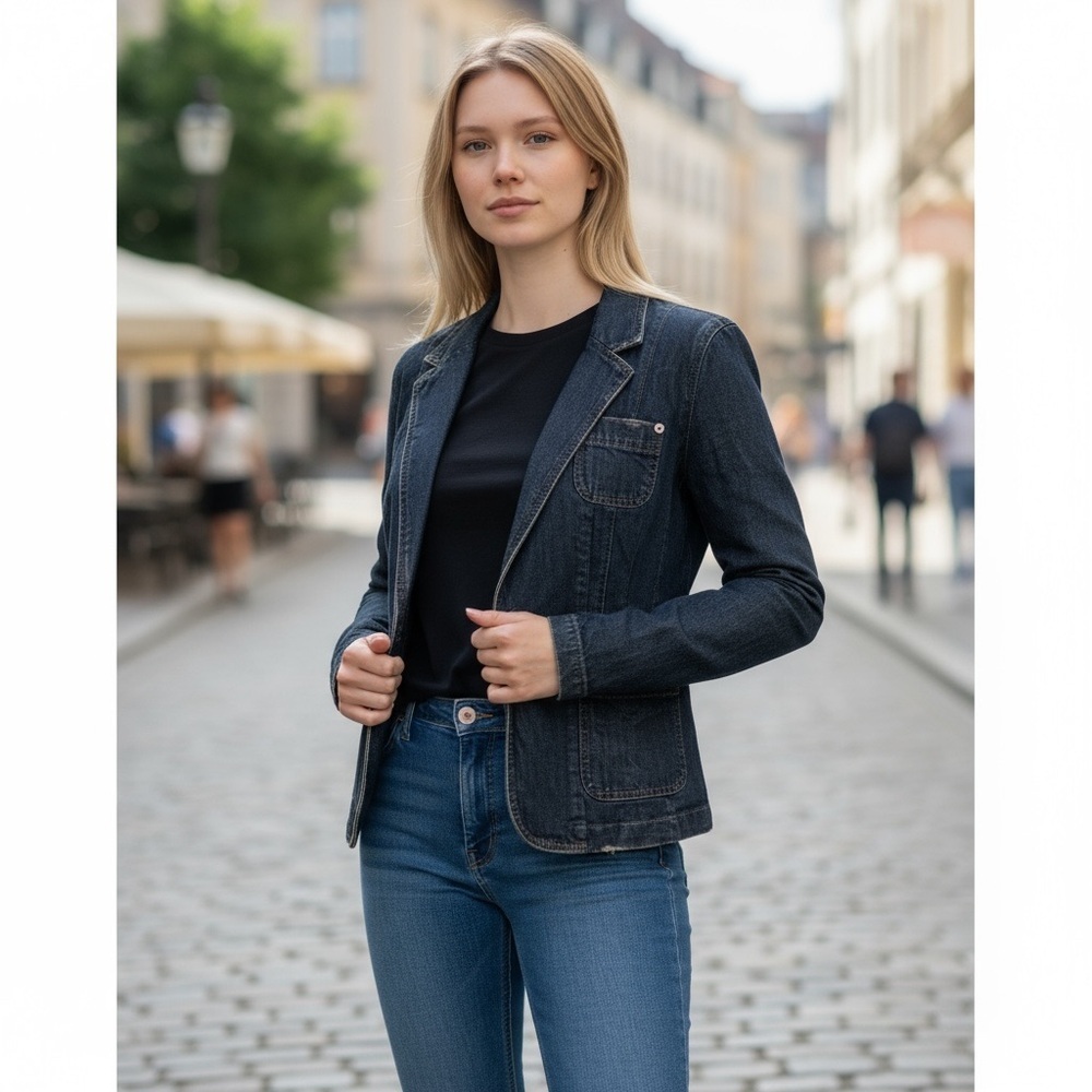 Isaac Mizrahi Blue Denim Jacket One Button Size M - Picture 2 of 9